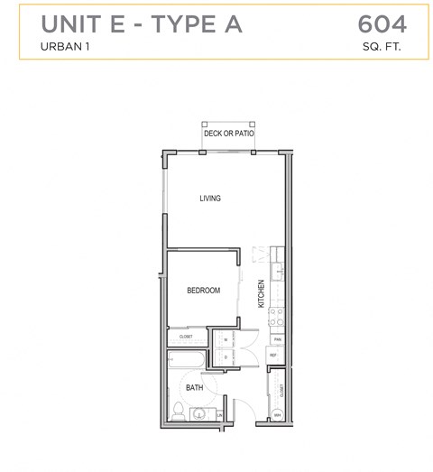 Floor plan for 1 bed, 1 bath, 604 sqft
